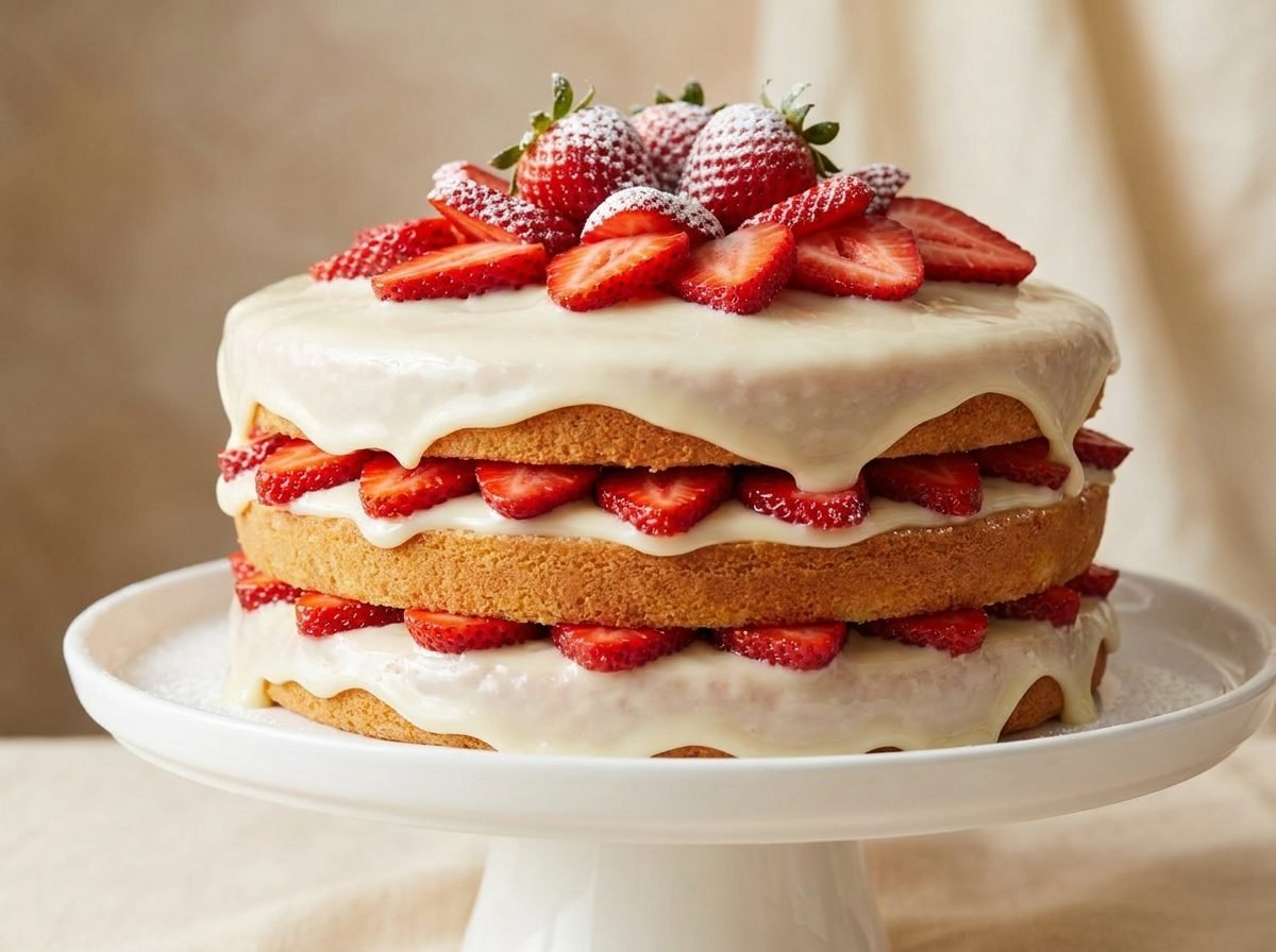 Cream and fresh strawberry layer cake